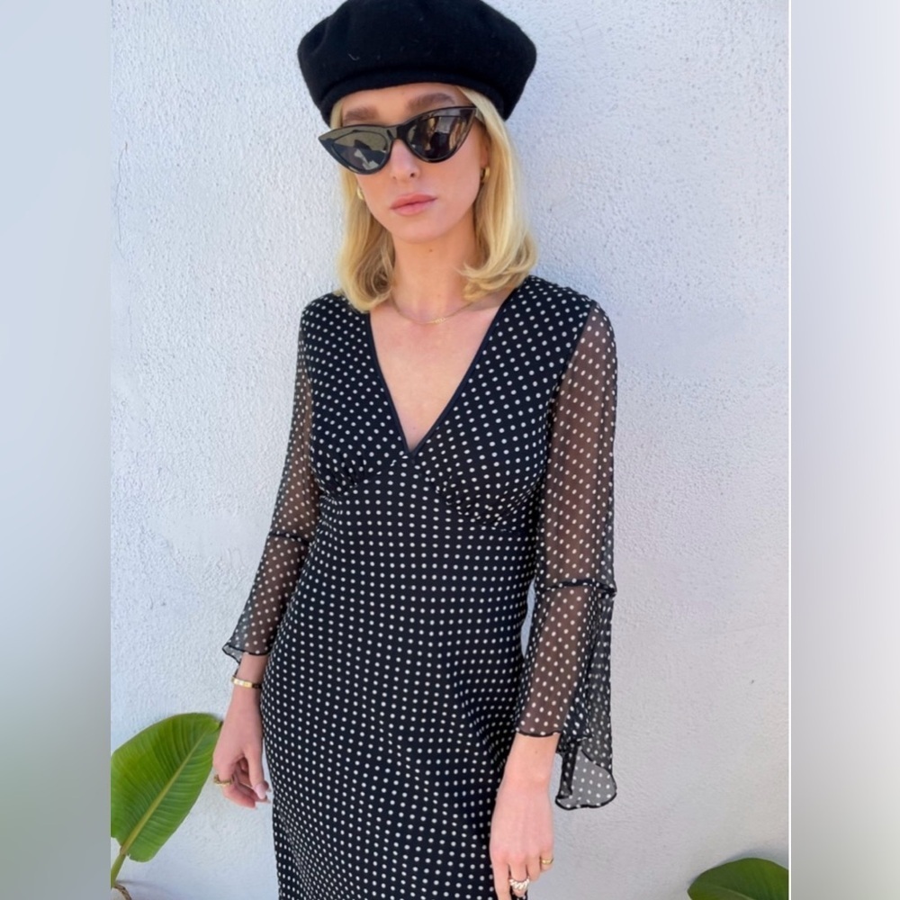 Madly Vintage 90s Black Polka Dot Silk Midi Dress Bell Sleeve S/M